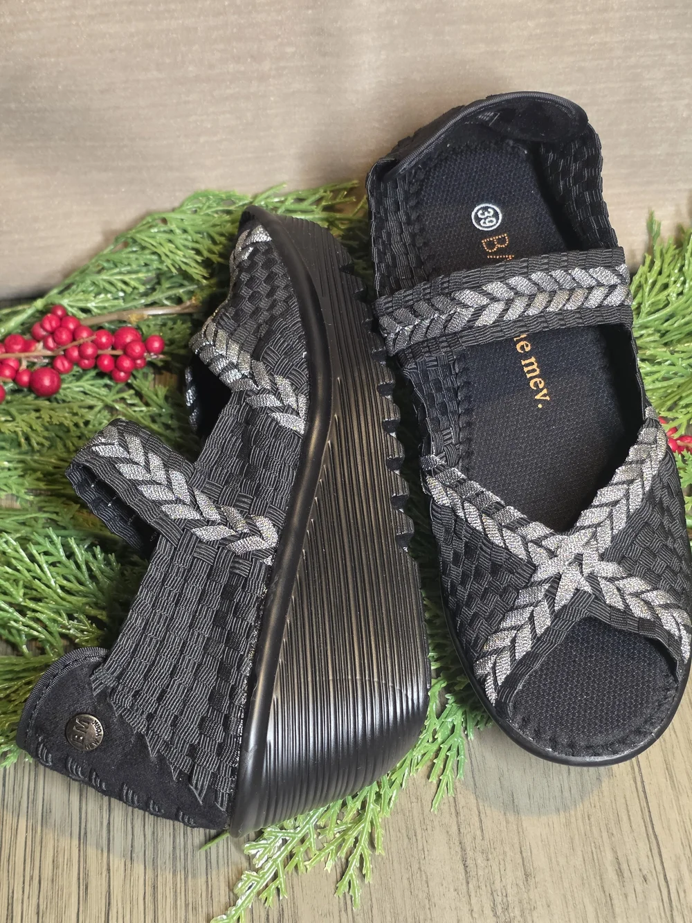 bernie mev. Women's Braided Hallie Wedges in Black/Pewter